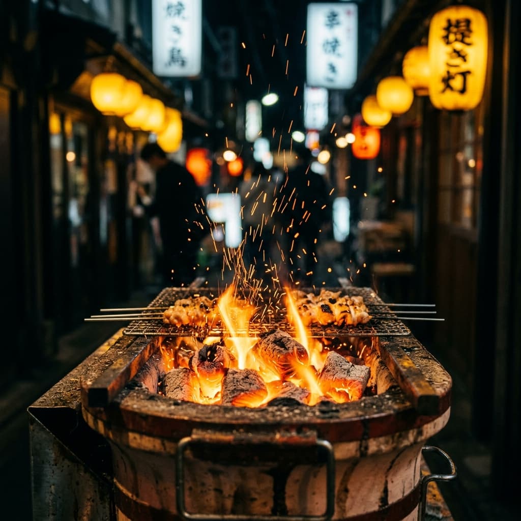 Charcoal Fire with Neon Lanterns